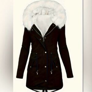 Women's Black Parka Coat with White Fur Hood